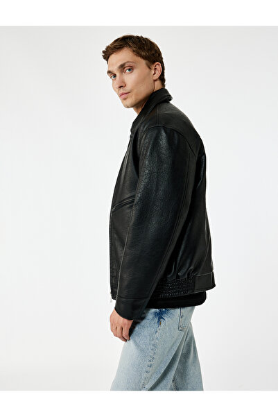 Koton Slim Fit Long Sleeve Zipper Shirt Collar Faux Leather Jacket