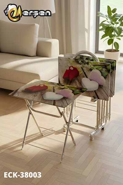 Erşen Sehpa Eranş Serisi 4'lü Katlanır CAM Gül ve Kalp Desen Çanta Zigon Sehp...