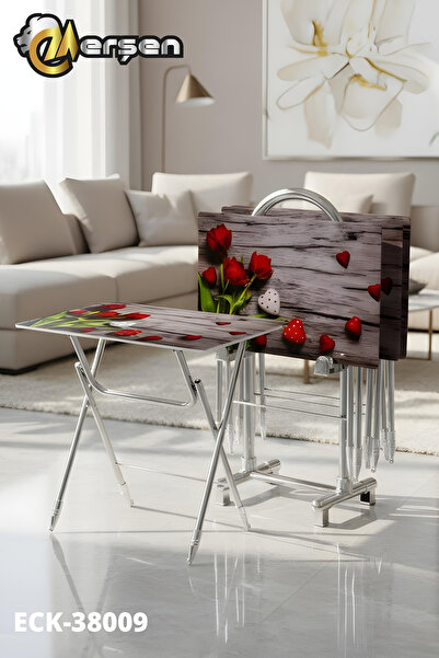 Erşen Sehpa Eranş Serisi 4'lü Katlanır CAM Ahşap Kalp ve Gül Desen Çanta Zigo...