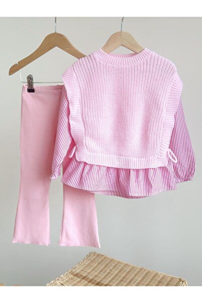 Magu Girl's Cotton Pink Knitwear Three-Piece Set – Striped Ruffle Detail