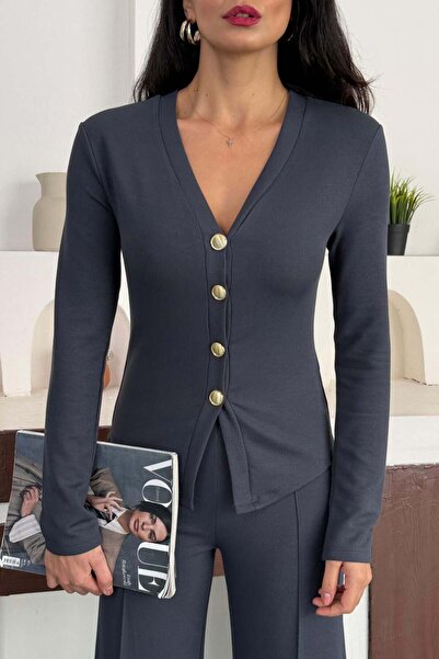 ZISHAN Women's Corded Fabric Piece Textured Set – Buttoned V-Neck Top and Wide Leg Pants – 4 Colors 10145