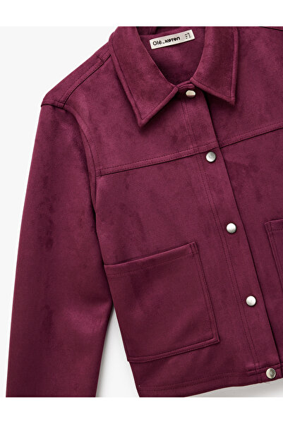 Koton Classic Collar Long Sleeve Faux Suede Shirt with Snap Button Pocket Detail