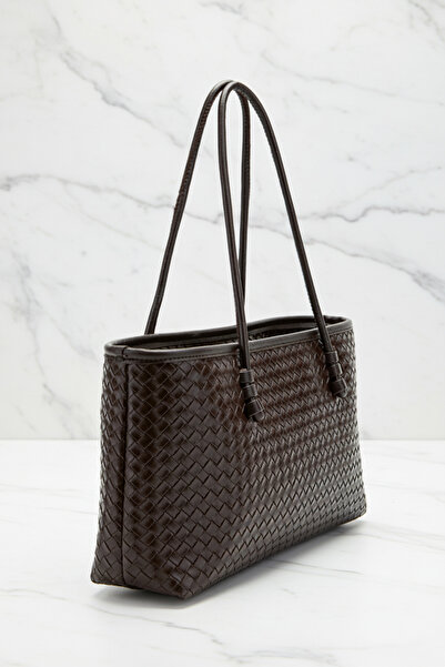 Biçanta Brown Knitted Leather Zippered Compartment Large Size Soft Women's Shoulder Bag