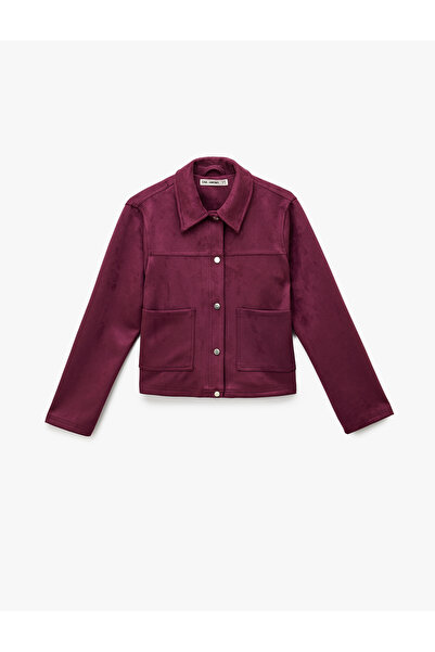 Koton Classic Collar Long Sleeve Faux Suede Shirt with Snap Button Pocket Detail