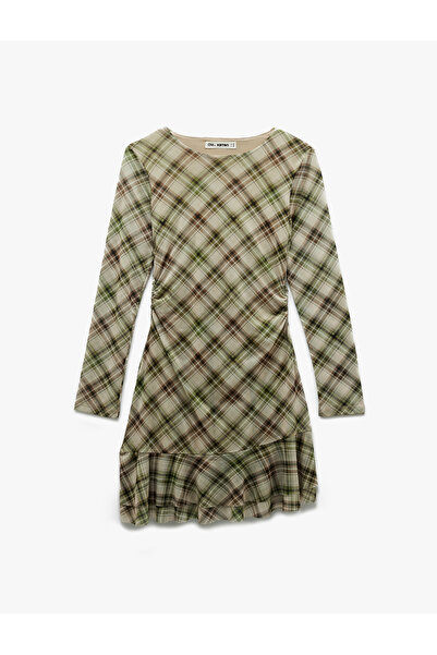 Koton Long Sleeve Crew Neck Drape Detail Mini Plaid Dress