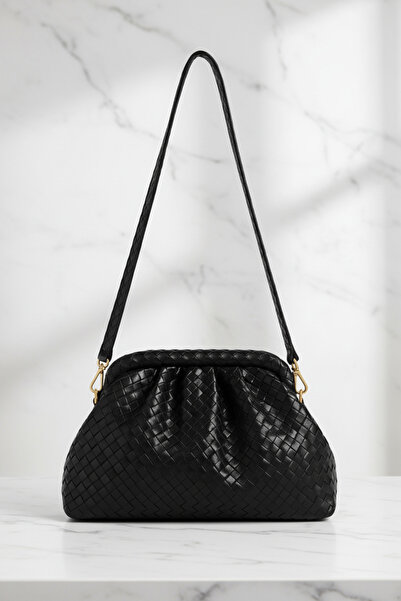 Biçanta Black Color Knitted Leather Scholarship Crossbody Bag with Compartments Large Size Soft Women's Shoulder Bag