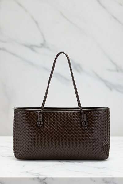 Biçanta Brown Knitted Leather Zippered Compartment Large Size Soft Women's Shoulder Bag