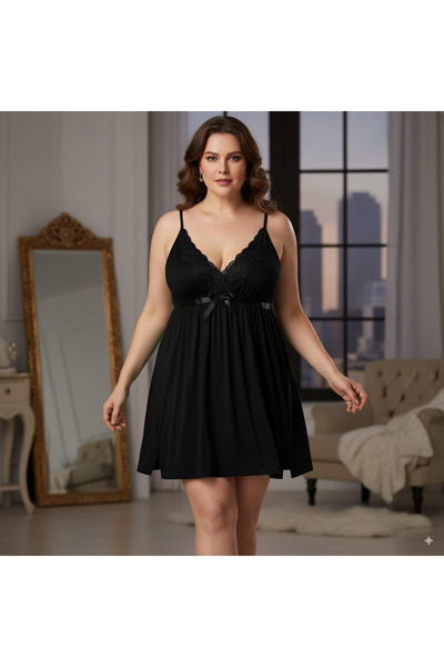 MİSS MELLY Plus Size (2Xl-3Xl-4Xl) Jersey Fabric Lace Detailed Nightgown (Underwear Available)