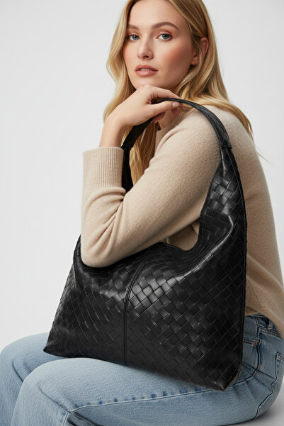 Biçanta Black Color Knitted Leather Zippered Shoulder Bag with Strap and Compartment Large Size Soft Women's Shoulder Bag