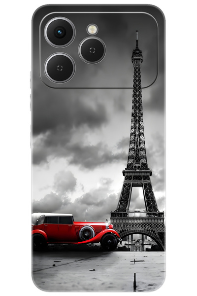 TECNO Spark 40 4G (KM5n) Uyumlu Kılıf Desen Baskılı Silikon Eyfel Kulesi Kırmızı Araba STK:709 CP-P0D2Ylg