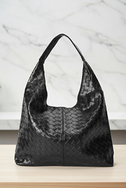 Biçanta Black Color Knitted Leather Zippered Shoulder Bag with Strap and Compartment Large Size Soft Women's Shoulder Bag