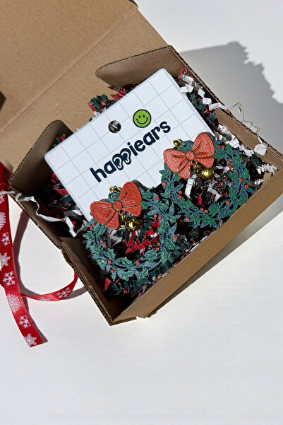 Happiears Yılbaşı Kırmızı Fiyonk & Çan Detaylı Noel Çelengi Özel TasarımKüpe