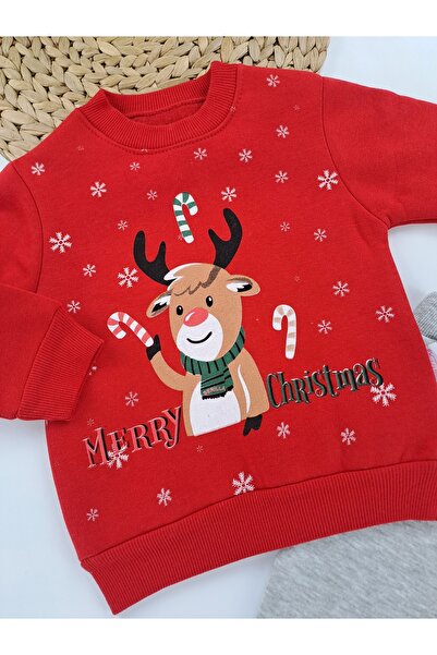 Butik Boys and Girls Christmas Themed Printed Hooded Tracksuit Set 3 Thread Fleece Lined Winter Wear
