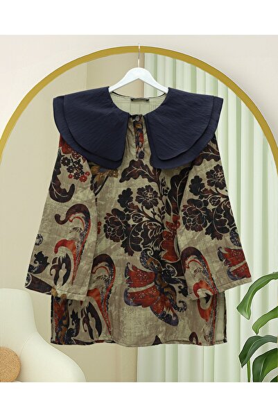 Modamorfo Apron Collar Half Buttoned Slit Quilted Tunic -Beige