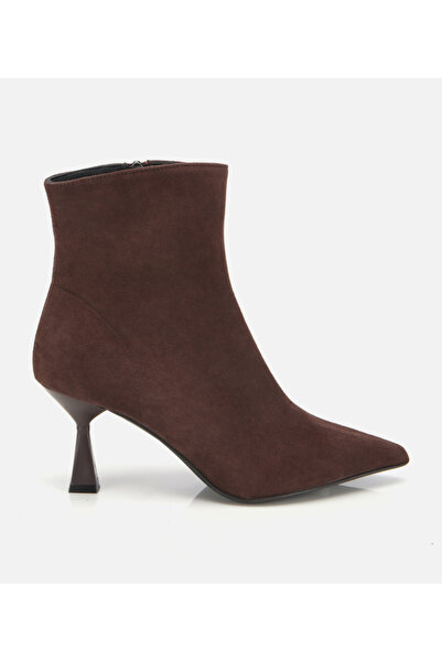 Hotiç Kadın Süet Deri Kahverengi Dikiş Detaylı Sivri Kısa Topuklu Bot