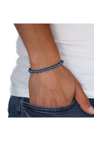 AKSESUARIM Men's Blue Globe Hematite Natural Stone Steel Chain Bracelet