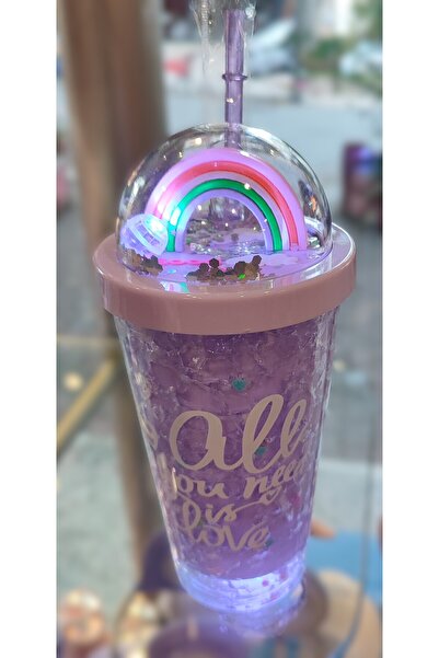 ada çanta kırtasiye Illuminated Rainbow Model Fancy Lid Plastic Cup with Straw 470ml Ad27726