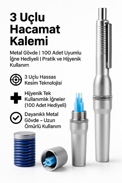 Hane Dostu 3 Uçlu Hacamat Kalemi – Metal Gövde | 100 Adet Uyumlu İğne Hediyel...