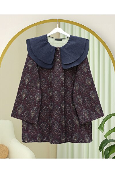 Modamorfo Apron Collar Half Buttoned Slit Quilted Tunic - Plum