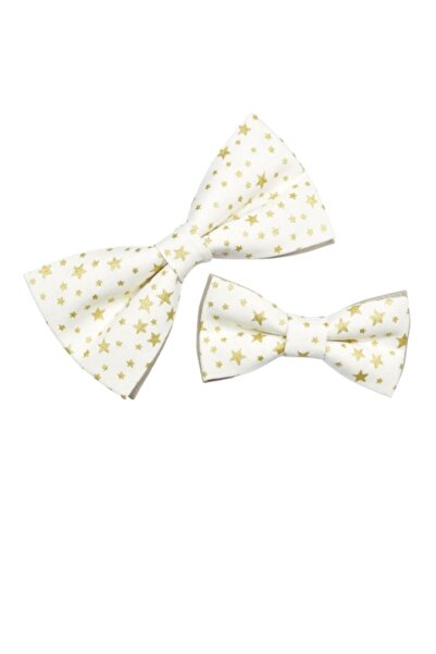 Papileon Father-son set of 2 white Christmas bow ties "Golden Stars" (12x6 cm and 10x5 cm)
