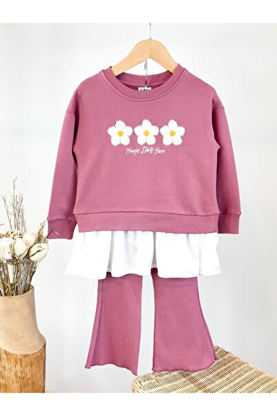 Pinkitokids Shirt Detailed Floral Embroidered Sweatshirt and Flared Sets