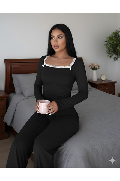 MOR SUBVAY Kadın Siyah Dantelli Fiyonk Detaylı Uzun Pamuk Viskon Pijama Takımı