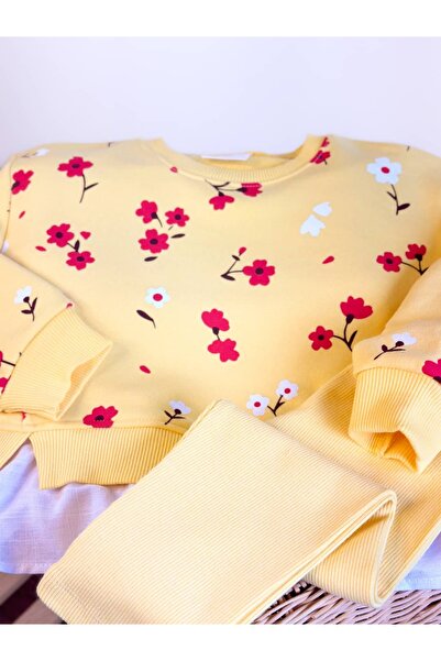 Pinkitokids Butteryellow Flowers Shirt Detailed Sweatshirt and Leggings Set