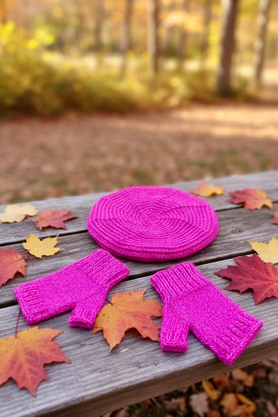 Mila Pink Hand Knitted Double Sided Beanie Gloves Set