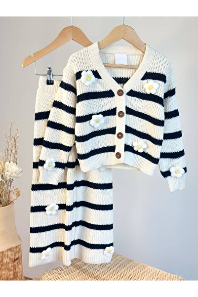 Pinkitokids Knitted Daisy Detailed Knitwear Cardigan and Pants Set