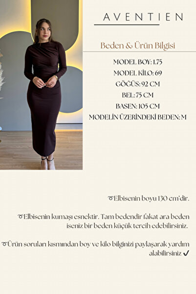 Aventien Draped Slit Long Sleeve Brown Dress