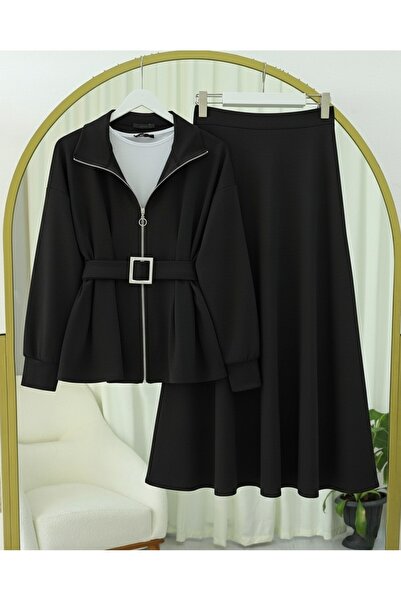 Modamorfo Combed Cotton Suit with Folded Waist, Front Zipper and Belted Skirt - Black