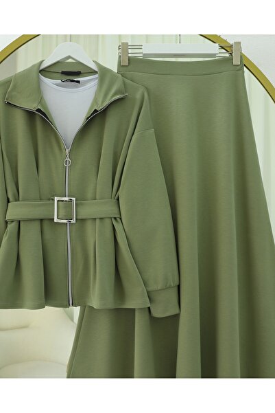 Modamorfo Combed Cotton Suit with Folded Waist, Front Zipper, and Belted Skirt - Çağla Y.