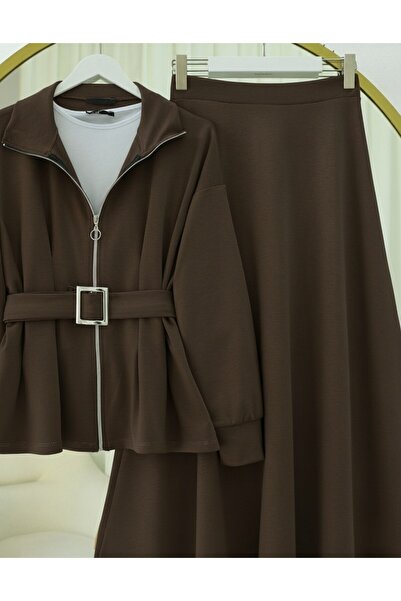 Modamorfo Combed Cotton Suit with Pleated Waist, Front Zipper and Belted Skirt - K. Brown