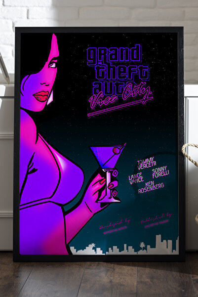 Duvarda GTA Vice City Siyah Ahşap Çerçeveli Poster, Dekoratif Oyun Duvar Tablosu