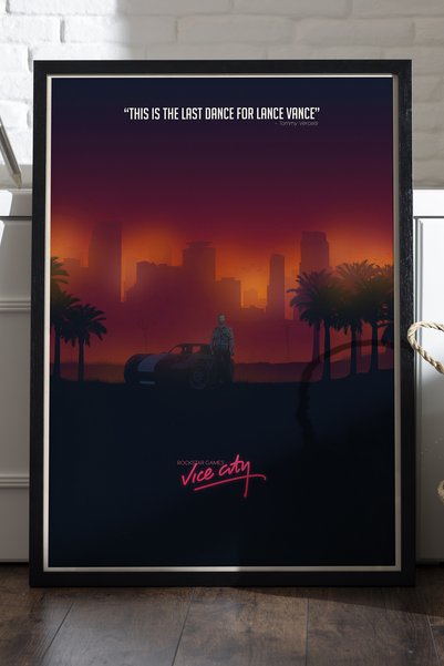 Duvarda GTA Vice City Siyah Ahşap Çerçeveli Poster, Dekoratif Oyun Duvar Tablosu