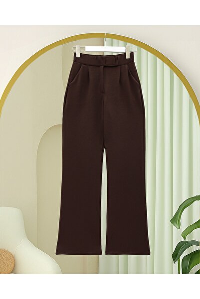Modamorfo Beli Hook and Loop Detail Pipe Leg Fabric Pants - Brown
