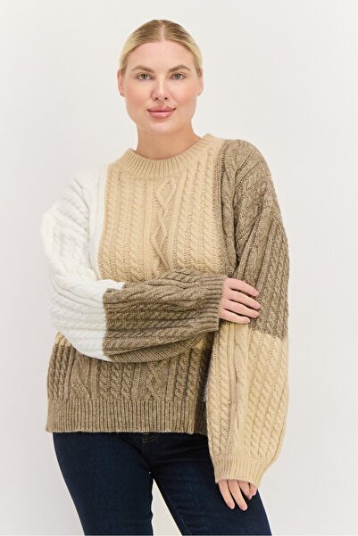 En Saison Women Crew Neck Colorblock Sweater, Beige Combo