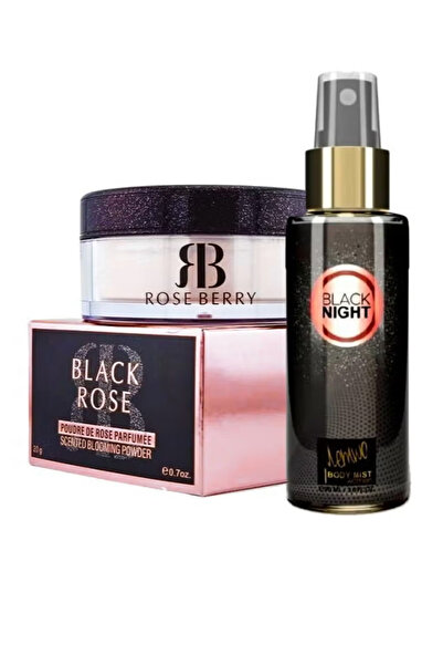 ROSE BERRYY بودرة جسم لمعة معطرة برائحة بلاك نايت +معطر جسم بلاك نايت
