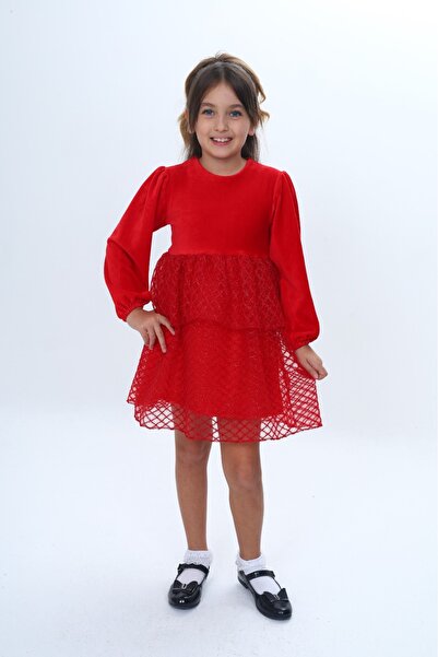 Toontoy Girls' Velvet Layered Ruffle Detailed Dress