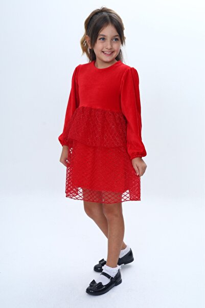 Toontoy Girls' Velvet Layered Ruffle Detailed Dress
