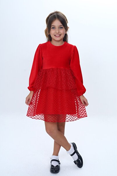 Toontoy Girls' Velvet Layered Ruffle Detailed Dress