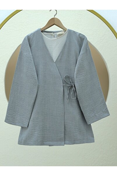 Modamorfo Side Tie Linen Kimono - Gray