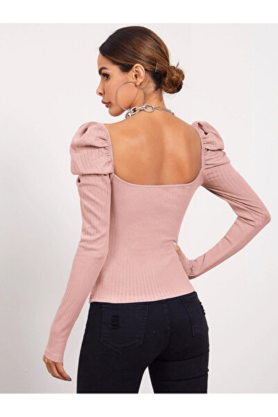 FridayIn Sexy Square collar Solid color Splicing Puff sleeve T-Shirts