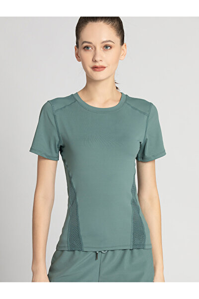 FridayIn Sports Round neck Splicing pattern Solid color Printing Net yarn Regular sleeve T-Shirts