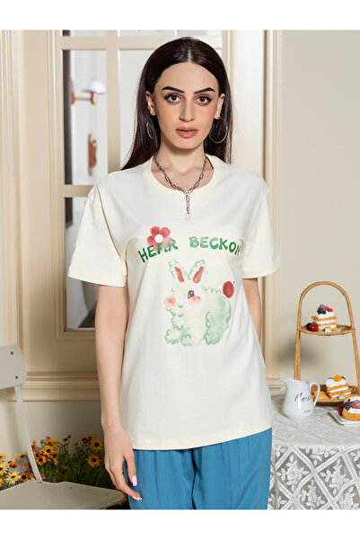 FridayIn Casual Round neck Solid color Printing English Color contrast Pos-flower Regular sleeve T-Shirts