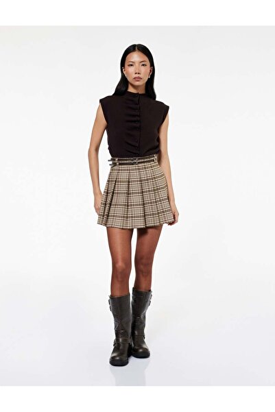 Koton A-Line Plaid Pleated Mini Skirt with Belt Detail