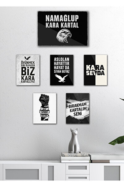 TABLOX 6 Pieces Black and White “Beşiktaş” Fan Quotes Eagle Football Decorative Mdf Painting Street Sign