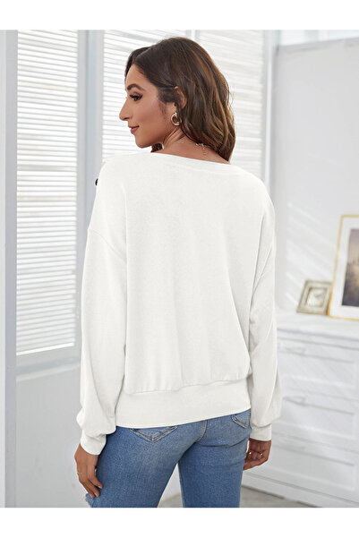 FridayIn Sweet One word collar Solid color Buttons Bat sleeve Thick Tops