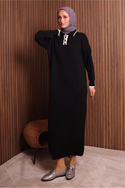 TRENDTESETTÜR Women's Black Shirt Collar Knitwear Dress t 7407
