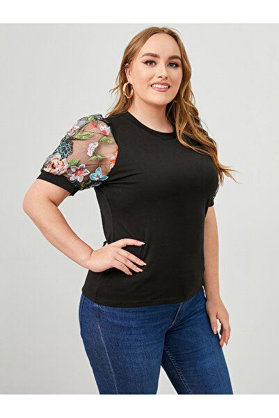 FridayIn Casual Round neck Solid color Color contrast Net yarn Puff sleeve Plus Size Tops